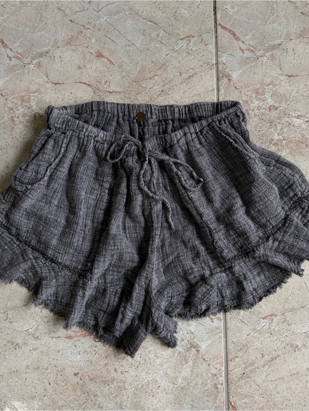 Free People Gray Linen Ruffle Hem Shorts